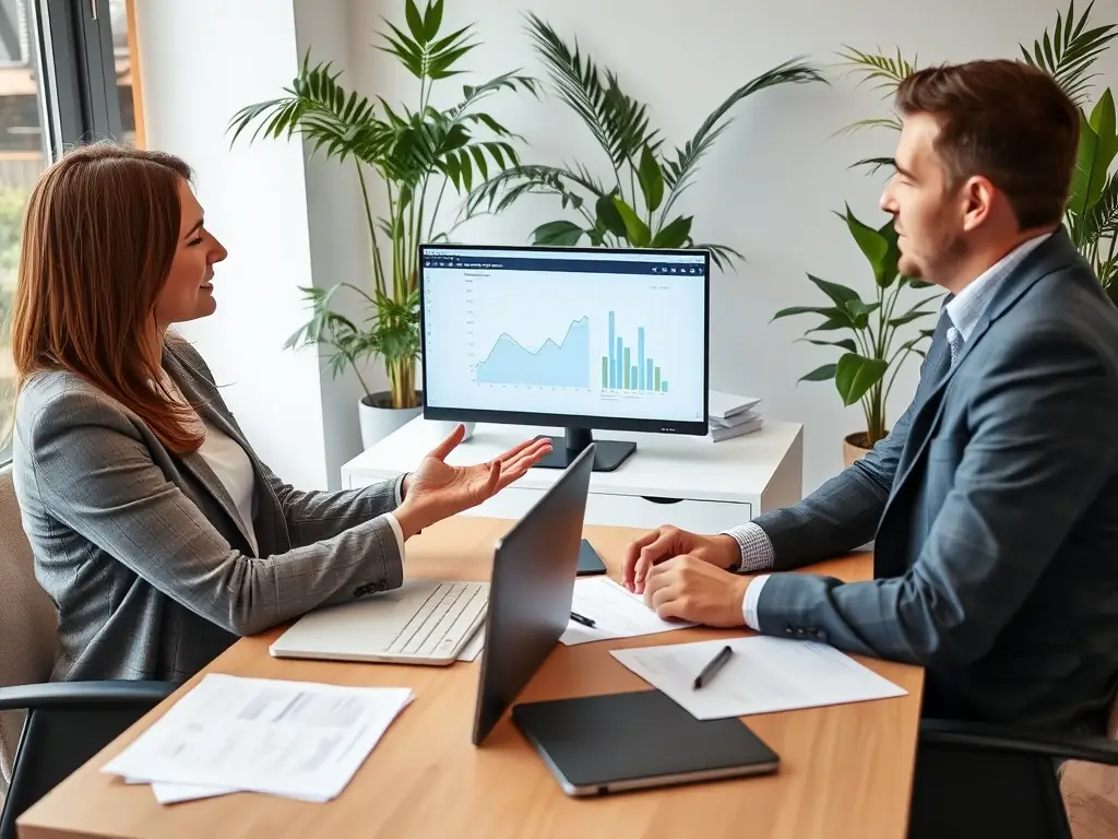 A consultant reviewing financial reports with a business owner, highlighting key performance indicators and areas for improvement.